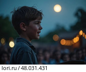 Boy Reciting Poetry With Tears at a Moonlit Memorial, Gazing at the Audience. an Emotional Tribute and Support Event. Стоковое AI-изображение, AI-художник Sergey Grishin / Фотобанк Лори