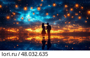 Silhouetted Couple Beneath a Celestial Lightscape. Стоковое AI-изображение, AI-художник Данила Большаков / Фотобанк Лори