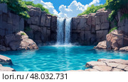Serene Waterfall Plunging into a Crystal-Clear Pool Surrounded by Lush Greenery and Rugged Rocks under a Sunny Sky. Стоковое AI-изображение, AI-художник Данила Большаков / Фотобанк Лори