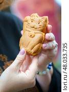 Tokyo, Japan - Sep 30 2024, vertical view of a taiyaki pie in the shape of a Maneki Neko cat, which is held in the hands of a man, at daytime, Tokyo, Japan. Редакционное фото, фотограф Сергей Богомяко / Фотобанк Лори