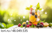 Refreshing iced tea with raspberries, lemon slices, mint leaves, and ice cubes. Стоковое AI-изображение, AI-художник Анастасия Золотницкая / Фотобанк Лори