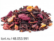 Roselle or Hibiscus tea pile isolated on a white background. Dry karkade flowers petals heap of dried herbal tea. Indian spices. Mockup of aromatic Fruit Red Tea, Dried Herbal Beverage. Carcade. Стоковое AI-изображение, AI-художник Марина Демидюк / Фотобанк Лори