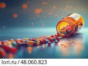 Colorful pills spill from an overturned bottle on a dark surface. Разноцветные таблетки высыпаются из опрокинутой бутылки на темную поверхность. Стоковое AI-изображение, AI-художник Katsiaryna Repich / Фотобанк Лори