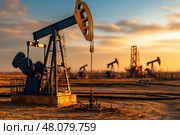 An expansive oil field with numerous nodding donkey pumpjacks in action. These machines extract crude oil, showcasing the industrial might of the petroleum energy sector. Стоковое AI-изображение, AI-художник Nart / Фотобанк Лори