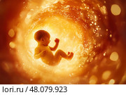 A tender view of an unborn baby floating serenely in the womb. The image captures the essence of prenatal life, showcasing the delicate and nurturing environment of maternal protection. Стоковое AI-изображение, AI-художник Nart / Фотобанк Лори
