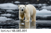 A polar bear moves gracefully across melting ice in the Arctic, showcasing its strength and adaptation to the cold, serene environment during dusk. Стоковое AI-изображение, AI-художник Данила Большаков / Фотобанк Лори