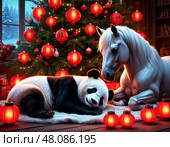 A panda bear is laying on a rug next to a white horse. Стоковое AI-изображение, AI-художник Ярославский Максим / Фотобанк Лори