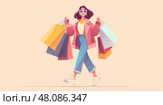Stylish Young Woman Excited with Shopping Bags, Store Discounts and Promotions. Модная молодая счастливая девушка  с покупками, сделанными во время шопинга. Скидки и акции в магазинах, стиль вектор. Стоковое AI-изображение, AI-художник Katsiaryna Repich / Фотобанк Лори