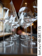 Clean wine glasses are on the table of a special wine cabinet, stylish table setting, ice, bottle of sparkling wine, light from window, decoder and degasser. Стоковое фото, фотограф Vladimir Drozdin / Фотобанк Лори