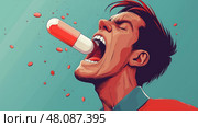 Man with open mouth swallowing a giant capsule against a colorful backdrop. Мужчина готовится проглотить большую капсулу, таблетку. Яркие цвета усиливают интенсивность момента, создавая поразительный визуальный эффект. Стоковое AI-изображение, AI-художник Katsiaryna Repich / Фотобанк Лори