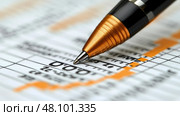 Charting financial trends with a close-up of a pen on printed data in a professional office environment filled with activity. Стоковое AI-изображение, AI-художник Данила Большаков / Фотобанк Лори