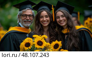 A proud family shares smiles and embraces in celebration, surrounded by blooming sunflowers, highlighting a memorable graduation day outdoors. Стоковое AI-изображение, AI-художник Данила Большаков / Фотобанк Лори
