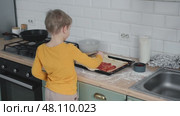 6 years old boy cooking pizza in the kitchen. Child rolling up the dough, adding cheese, tomatoes and smear sauce the base. Preschool kid making homemade pizza. Cooking class, culinary. Little baker. Стоковое видео, видеограф Марина Демидюк / Фотобанк Лори