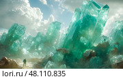 In a dreamlike environment, explorers trek through a vibrant terrain dominated by massive turquoise crystals, reflecting sunlight against a clear sky. Стоковое AI-изображение, AI-художник Данила Большаков / Фотобанк Лори