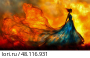 A woman in a flowing blue dress stands gracefully as flames and smoke rise dramatically in the background during sunset. Стоковое AI-изображение, AI-художник Данила Большаков / Фотобанк Лори