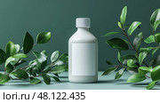 White plastic mockup bottle of organic fertilizer with a blank label. белый пластиковый макет бутылки органического удобрения с пустой этикеткой. Стоковое AI-изображение, AI-художник Katsiaryna Repich / Фотобанк Лори
