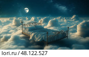 Dreamlike bed floating on clouds under a full moon at night. Ночная кровать, парящая на облаках под полной луной. Стоковое AI-изображение, AI-художник Katsiaryna Repich / Фотобанк Лори