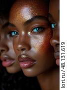 Three women display stunning makeup with shimmery highlights, emphasizing their unique features and vibrant eye colors in soft, natural light. Стоковое AI-изображение, AI-художник Данила Большаков / Фотобанк Лори
