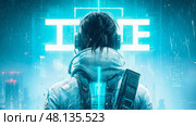Cyberpunk Resolve: A futuristic figure stands against a neon city backdrop, evoking a sense of determination and technological advancement. Стоковое AI-изображение, AI-художник Данила Большаков / Фотобанк Лори