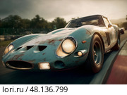 Close-up of a retro racing car on the speedway of the autodrome. Стоковое AI-изображение, AI-художник Алексей Кузнецов / Фотобанк Лори