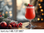 New Year cocktail on the bar table on Christmas background, copy space. Новогодний коктейль на барном столе на рождественском фоне. Стоковое AI-изображение, AI-художник Katsiaryna Repich / Фотобанк Лори