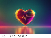 Heart shaped glass with a glowing heartbeat line reflects health and vitality. Стекло в форме сердца со светящейся линией сердцебиения отражает здоровье и жизненную силу. Стоковое AI-изображение, AI-художник Katsiaryna Repich / Фотобанк Лори
