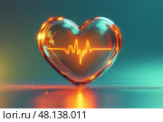 Heart shaped glass with a glowing heartbeat line reflects health and vitality. Стекло в форме сердца со светящейся линией сердцебиения отражает здоровье и жизненную силу. Стоковое AI-изображение, AI-художник Katsiaryna Repich / Фотобанк Лори