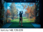 Indoor golfer practicing swing in a virtual environment at a simulation center. Гольфист отрабатывает замах в виртуальной среде в симуляционном центре. Стоковое AI-изображение, AI-художник Katsiaryna Repich / Фотобанк Лори