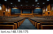 Large conference hall featuring polished wooden walls, rows of seats, and a central stage setup for speeches and presentations in the evening. Стоковое AI-изображение, AI-художник Данила Большаков / Фотобанк Лори