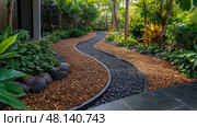 A winding pathway composed of black stones and mulch meanders through vibrant tropical plants under bright sunlight, creating a serene atmosphere. Стоковое AI-изображение, AI-художник Данила Большаков / Фотобанк Лори