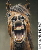 A horse with a big smile on its face and its mouth wide open. Стоковое AI-изображение, AI-художник Ярославский Максим / Фотобанк Лори
