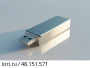Floating Metallic USB Flash Drive on Glossy Surface. Concept of Digital Minimalism and Data Storage. Плавающий металлический USB-накопитель на глянцевой поверхности. Концепция цифрового минимализма и хранения данных. Стоковое AI-изображение, AI-художник Katsiaryna Repich / Фотобанк Лори