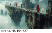 Dark silhouettes in red cloaks traverse a decaying, fantastical bridge surrounded by mist and clouds during a haunting early morning light. Стоковое AI-изображение, AI-художник Данила Большаков / Фотобанк Лори