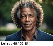 A distinguished man stands confidently in a serene outdoor setting, flaunting his radiant curly hair. The sunlight highlights his expressive features against a soft, green background Generative AI. Стоковое AI-изображение, AI-художник Юлия Петровская / Фотобанк Лори