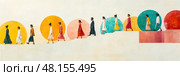 A group of diverse figures strolls along a path adorned with large colorful circles, showcasing unity in movement and style within vibrant surroundings. Стоковое AI-изображение, AI-художник Данила Большаков / Фотобанк Лори
