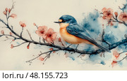 A beautiful bluebird sits gracefully on a branch covered with delicate pink blossoms, capturing the essence of a peaceful spring day. Стоковое AI-изображение, AI-художник Данила Большаков / Фотобанк Лори