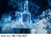 Охлажденная бутылка в ведре со льдом и паром. Стоковое AI-изображение, AI-художник Александр Жуков / Фотобанк Лори