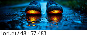 Two shoes glow against a rain-soaked path, with reflections shimmering in the water under the night sky, creating a tranquil atmosphere. Стоковое AI-изображение, AI-художник Данила Большаков / Фотобанк Лори