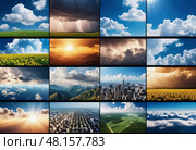 Diverse skies transform the landscape, revealing vibrant sunrises, ominous storms, and clear blue heavens Generative AI. Стоковое AI-изображение, AI-художник Юлия Петровская / Фотобанк Лори