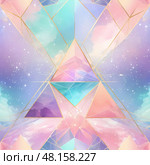 Intricate shapes and hues blend harmoniously in a celestial landscape, where soft colors mingle with geometric designs to create a surreal atmosphere that captivates and inspires Generative AI. Стоковое AI-изображение, AI-художник Юлия Петровская / Фотобанк Лори