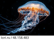 Glowing jellyfish slowly drifting through dark, tranquil waters at night. Светящиеся медузы медленно дрейфуют в темных, спокойных водах ночью. Стоковое AI-изображение, AI-художник Katsiaryna Repich / Фотобанк Лори