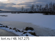 Замёрзшее озеро зимой на фоне леса и пасмурного неба. Стоковое фото, фотограф Пучков Андрей Александрович / Фотобанк Лори