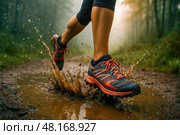 Runner charges forward on misty forest track, red-orange trail shoes kicking muddy spray, exemplifying rapid start and relentless momentum. Стоковое AI-изображение, AI-художник Павел Муравьев / Фотобанк Лори