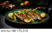 delicious golden pompano ai generated. Стоковое AI-изображение, AI-художник Vectorwin / Фотобанк Лори