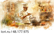 A chef skillfully prepares a dish while surrounded by fresh ingredients in a lively kitchen atmosphere. Стоковое AI-изображение, AI-художник Данила Большаков / Фотобанк Лори