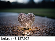 Heart shaped lantern is placed on pebbled path at park. Lighting and shadows create a sense of depth and dimension. Стоковое AI-изображение, AI-художник Данила Большаков / Фотобанк Лори
