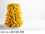 Traditional Lithuanian Sakotis Cake on white background. Space for text. Стоковое фото, фотограф Елена Дмитриева / Фотобанк Лори