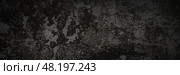 Dark wide panoramic background. Peeling paint on a concrete wall. Dark grunge texture of old cracked flaking paint. Weathered rough painted surface. Patterns of cracks. Darkness background for design. Стоковое фото, фотограф Андрей Степанов / Фотобанк Лори