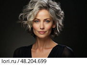 Portrait of a charming mature widow with gray hair and luxurious earrings in black dress on a dark background. Стоковое AI-изображение, AI-художник Данила Большаков / Фотобанк Лори