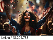 Happy African-American woman among cheering crowd with American flags on demostration at city street. Стоковое AI-изображение, AI-художник Данила Большаков / Фотобанк Лори